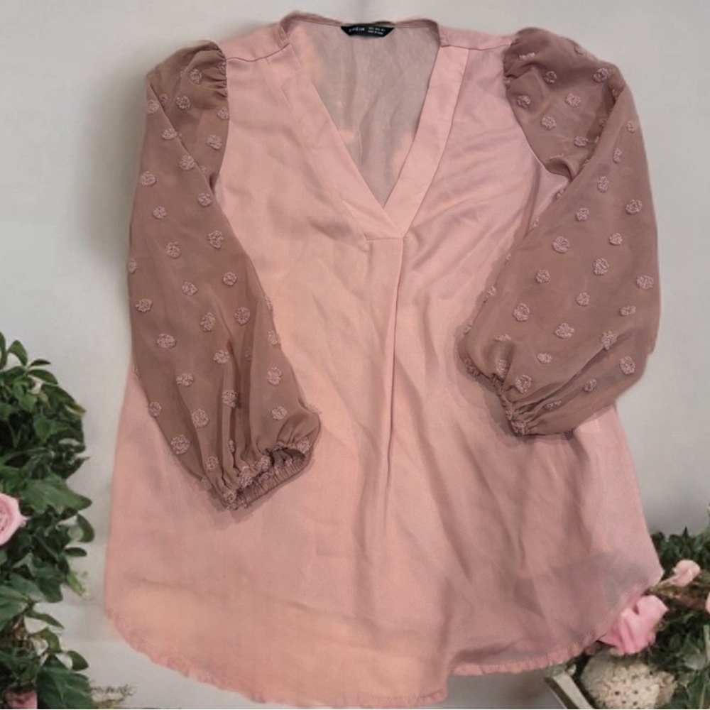 Pink Blouse with Swiss Dot Sheer Sleeves